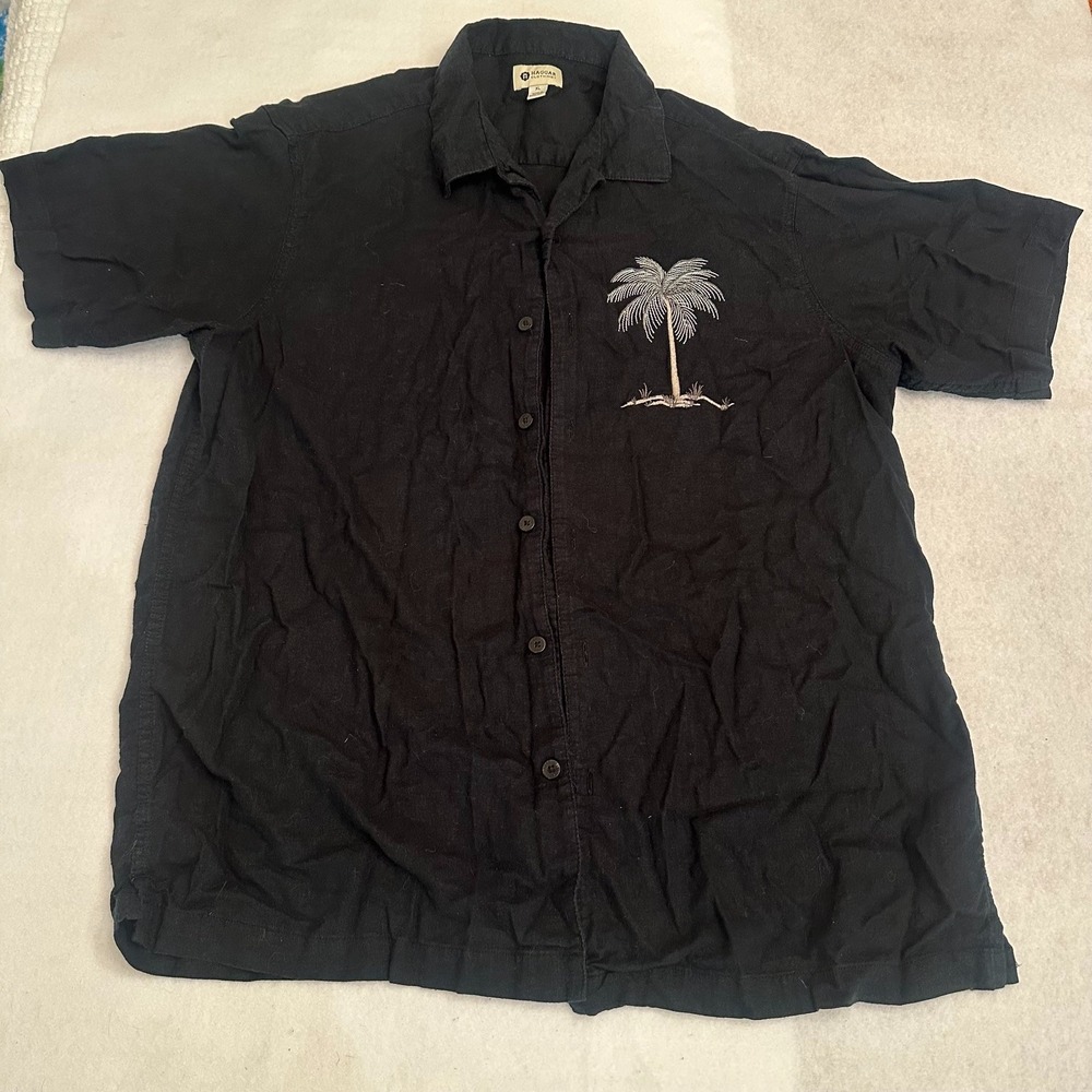 Haggar Shirt Mens XL Black Palm Tree Embroidered Short Sleeve Hawaiian Camp Tee